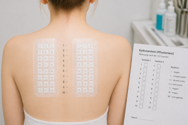 Kontaktallergietest, eine Frau hat zwei Klebestreifen auf dem Rücken mit vielen Testfeldern, KI-Bild